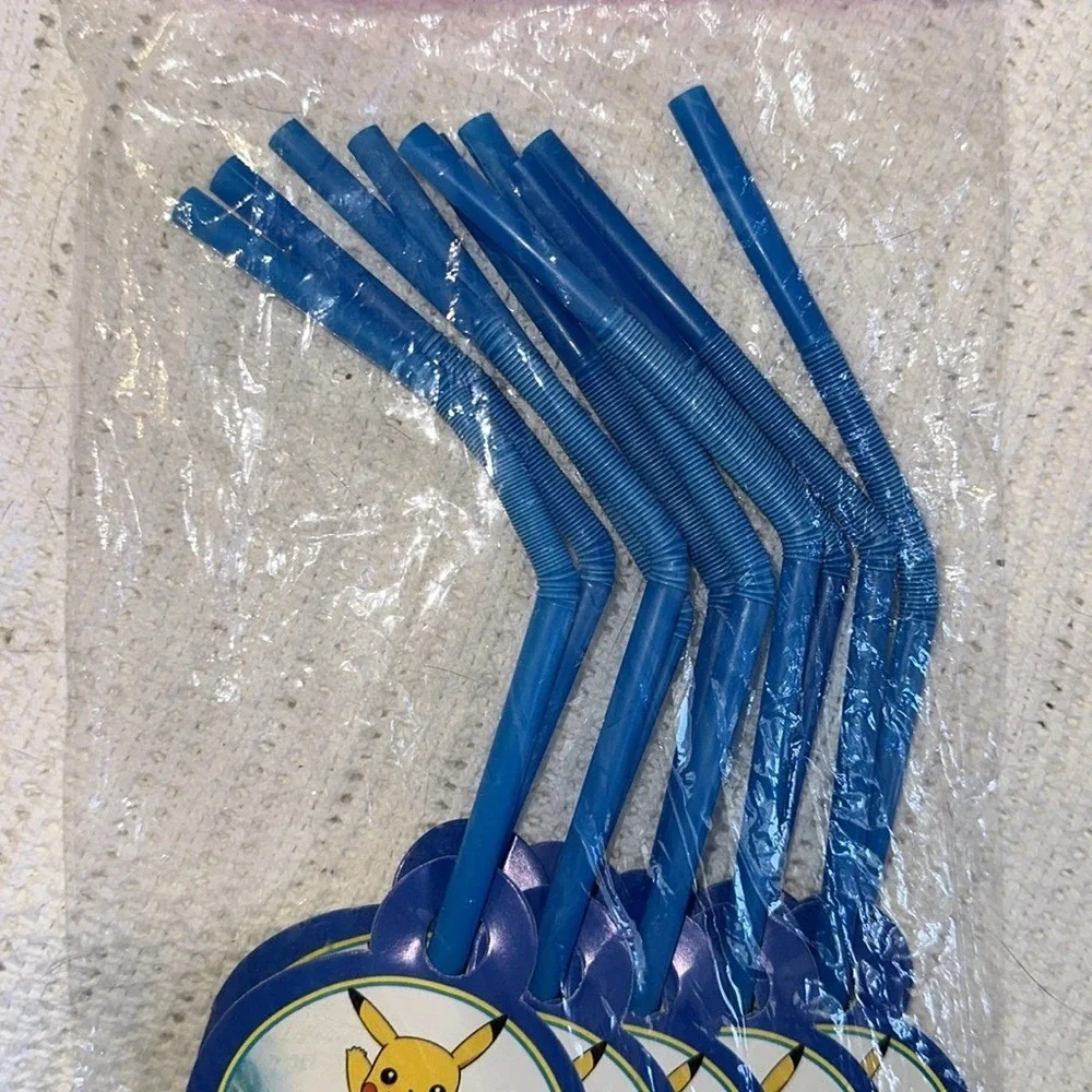 Pokemon Pikachu Charmander Squirtle Blue Flexible Drinking Straws 6 Pack New